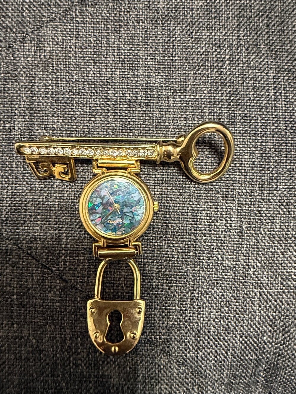Gold Key & Padlock Pendant Watch with Iridescent Dial
